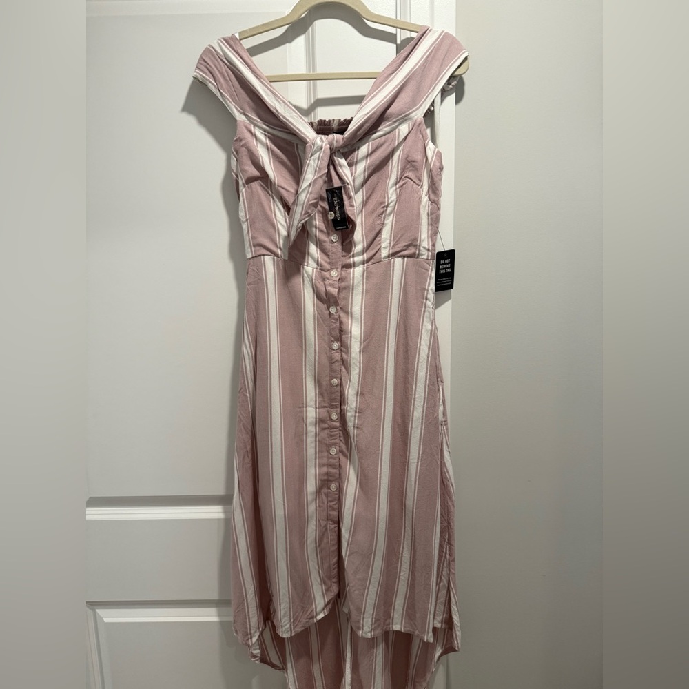Express Striped Pink and White off-the-shoulder Button-Down Dress NWT